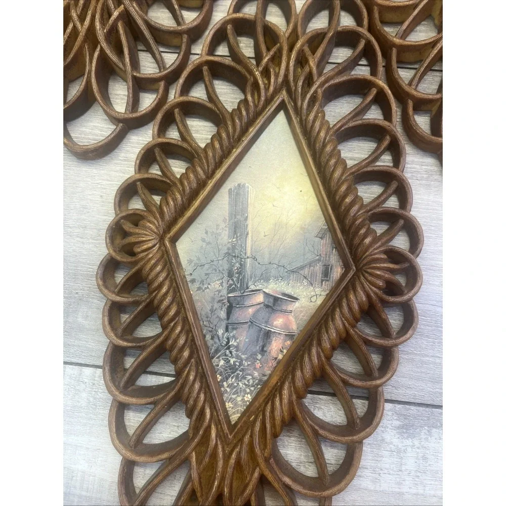 Country Scene #1350 Diamond Plaques Burwood Set Rustic Set Of 4 Wall Hanging Vtg